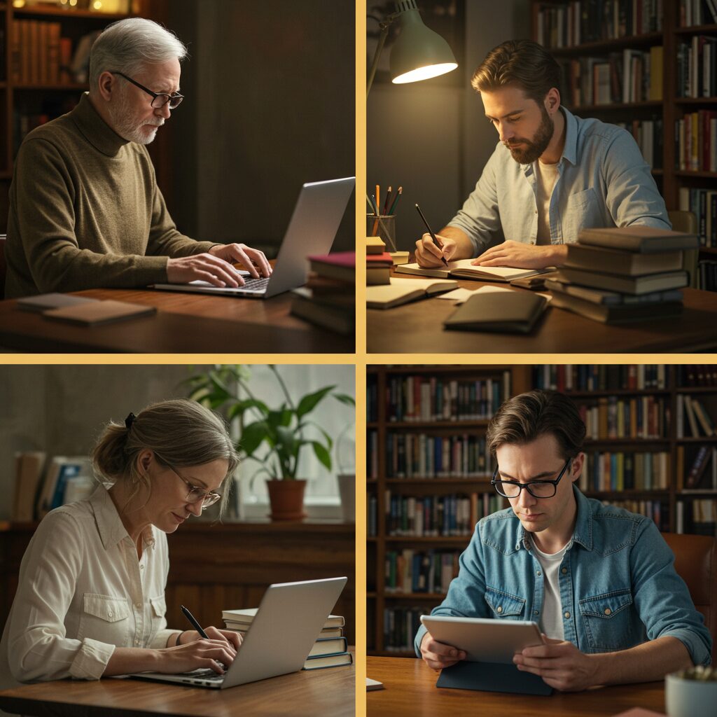 Diverse writers using technology and traditional methods