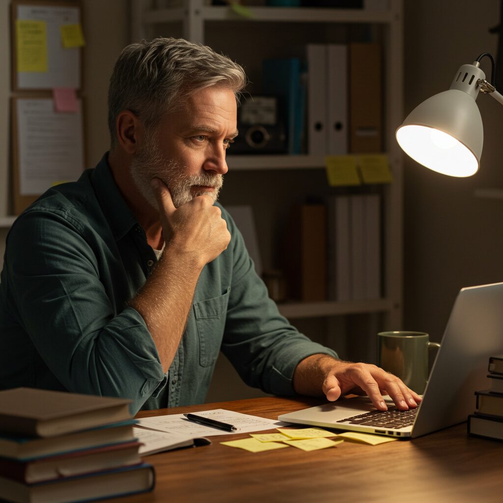Man in his late fifties working at a laptop in a home office