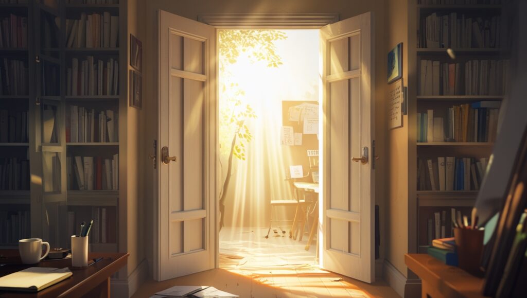 View from inside a library with an open door leading to a bright, welcoming room