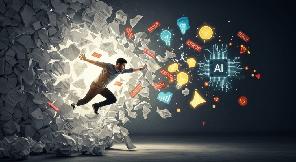 Man breaking through wall of papers with AI icon, symbolizing overcoming writing barriers