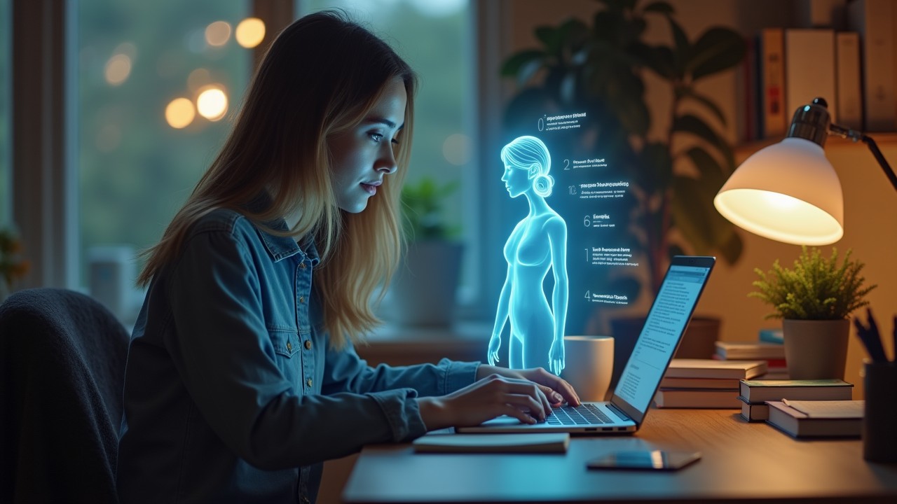 Young woman working on laptop with semi-transparent glowing AI figure