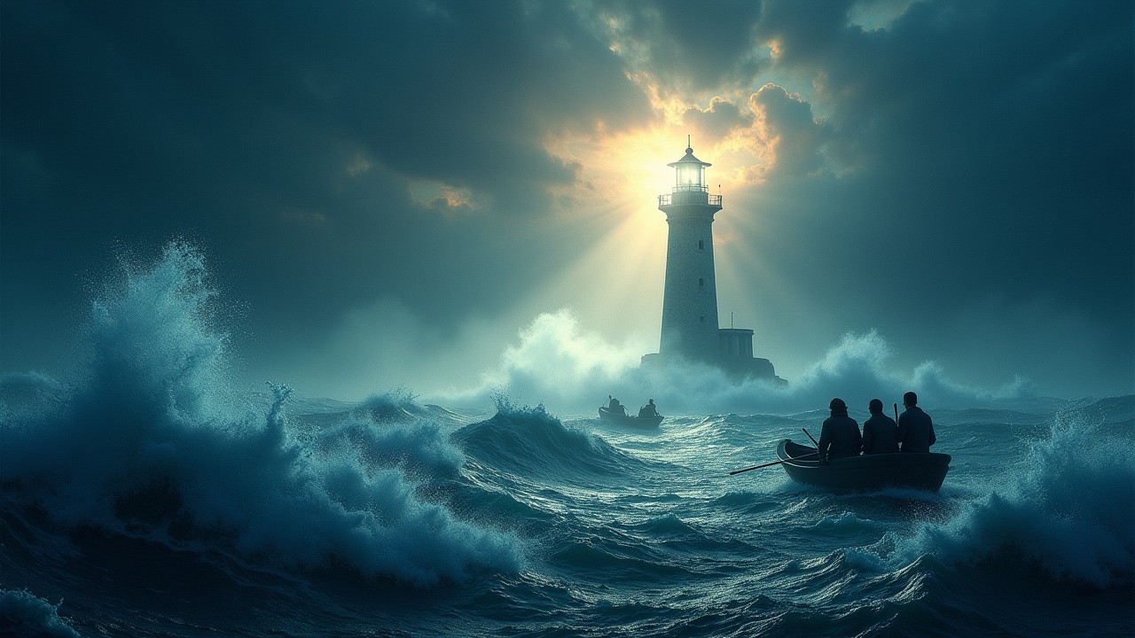 Two rowboats navigating stormy waters toward a lighthouse — symbolizing guidance, resilience, and creative direction in Taylor J. Fynch’s mission.
