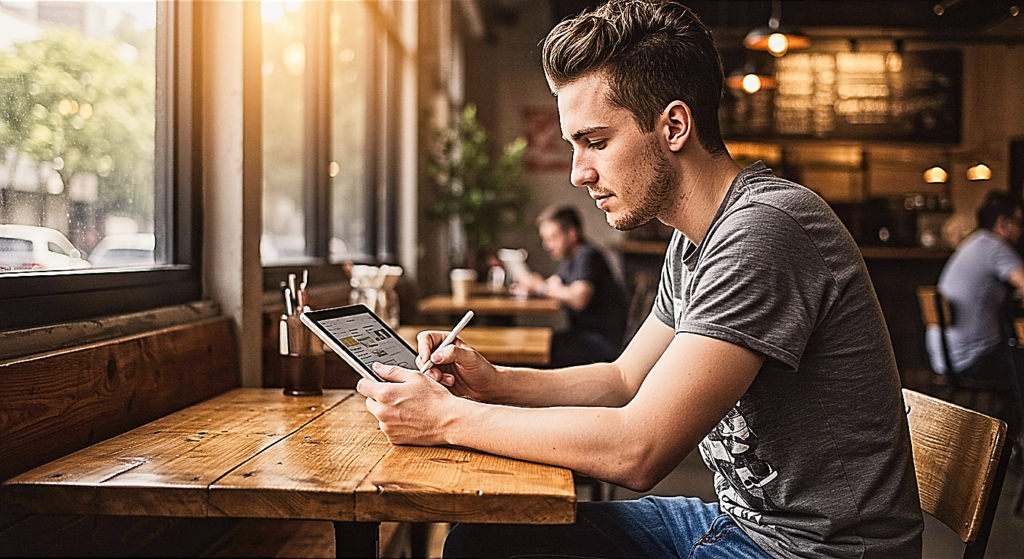 Young writer using a tablet in a restaurant, bathed in the warm evening sun, working on an AI-powered outline.