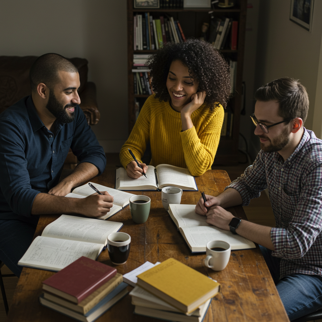 Group of young professionals collaborating at a table with notebooks and coffee.
