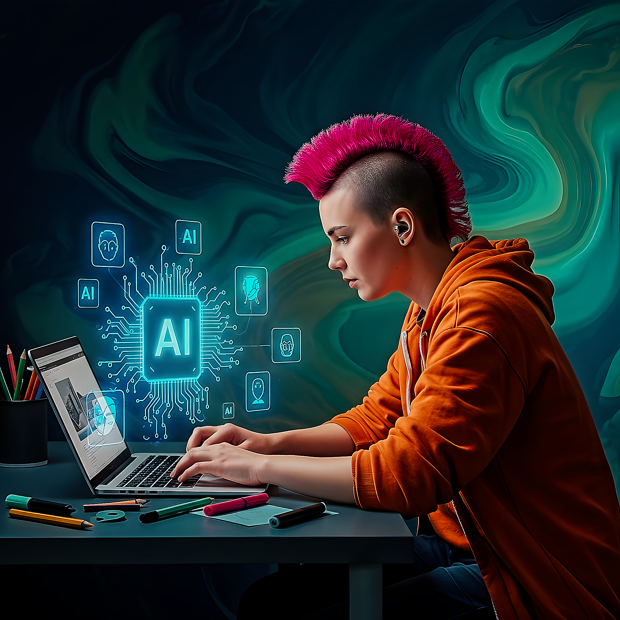 Person using AI-powered writing tools on a laptop, symbolizing enhanced creativity and productivity.