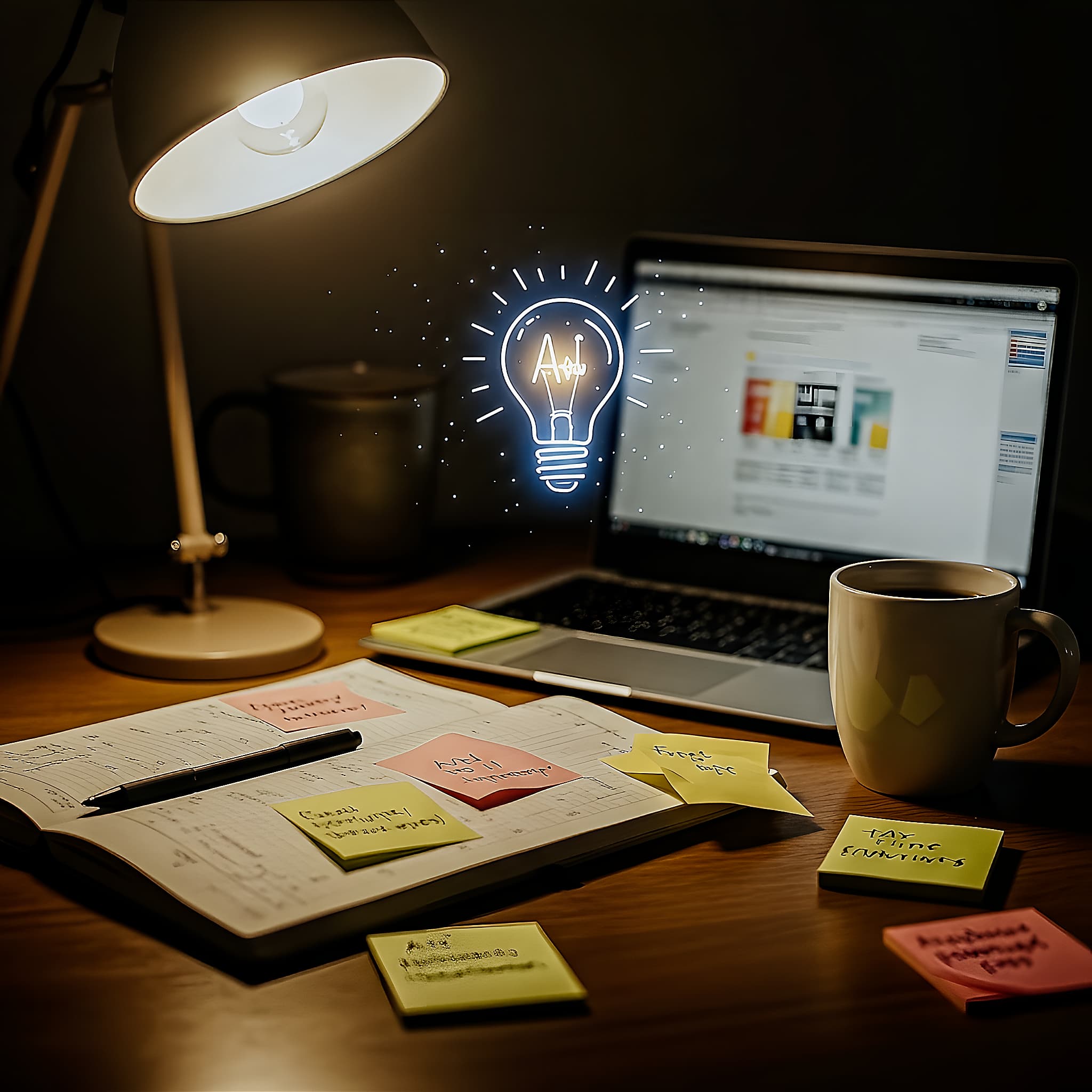 Cozy writing desk with laptop displaying AI lightbulb, open notebook, and coffee mug, symbolizing creative inspiration for writers.
