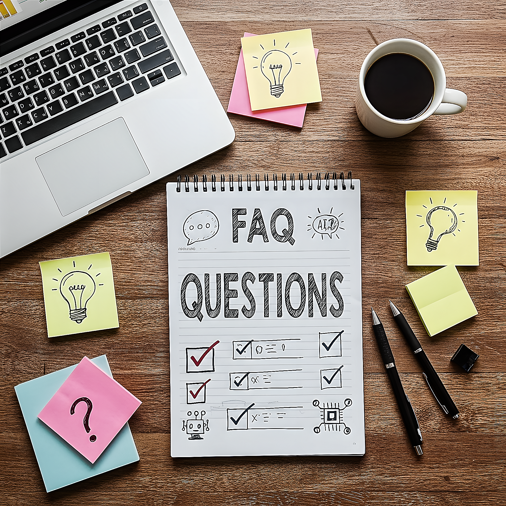Flat-lay of a modern desk with an open notepad titled "FAQ," a laptop, pen, coffee mug, and sticky notes, featuring subtle digital icons like a chat bubble, checklist, and small AI robot, conveying a friendly and accessible learning environment.