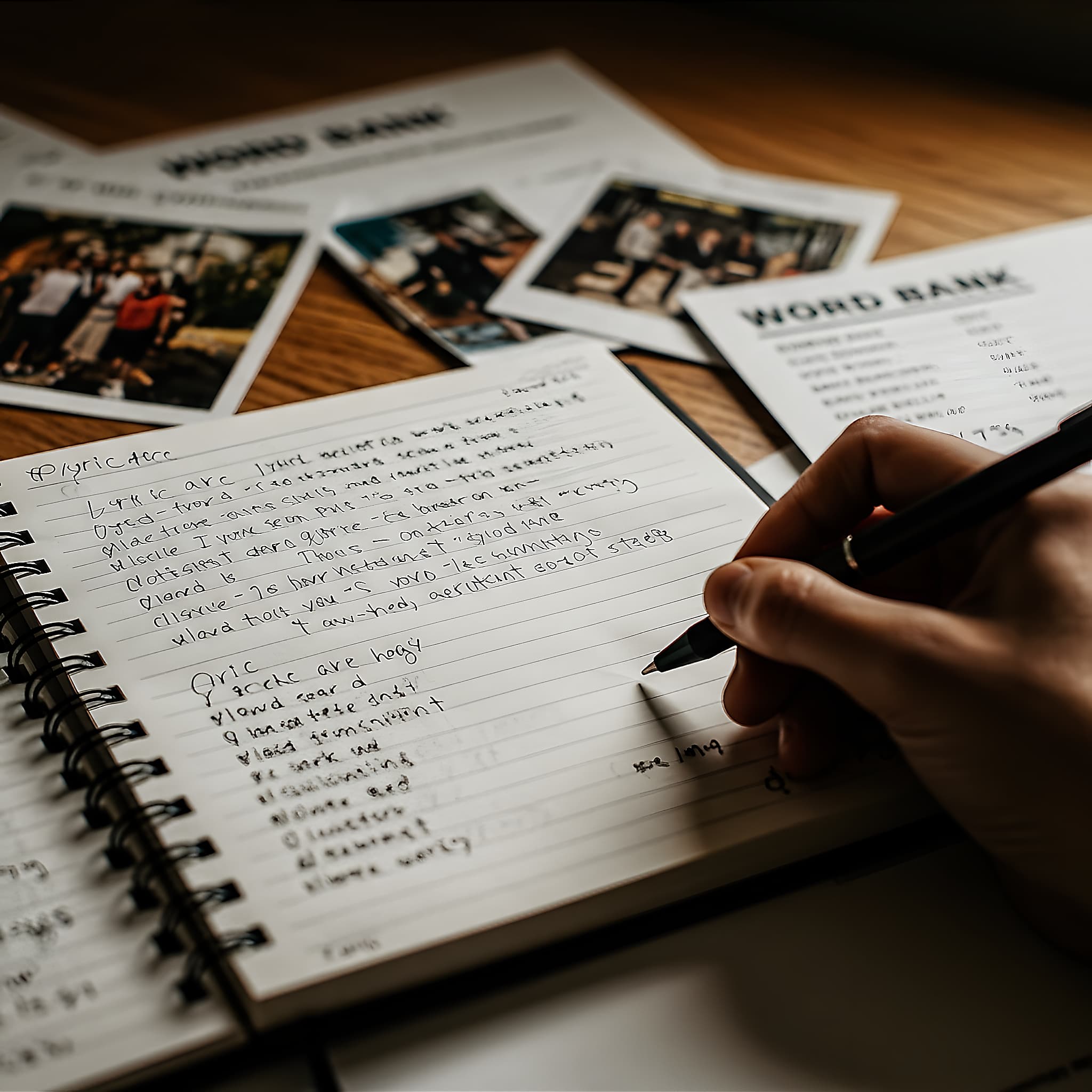 Close-up of a songwriter’s workspace with handwritten draft lyrics, a lyric arc worksheet, a sensory word bank sheet, and inspirational image thumbnails.