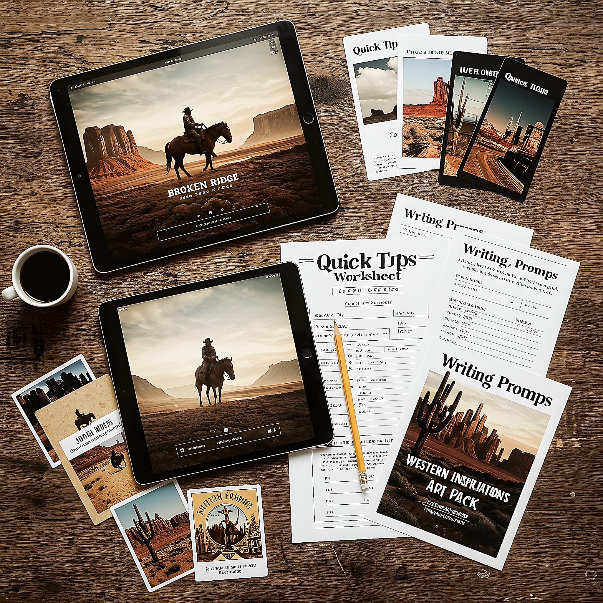 Flat lay of songwriting tools including a tablet showing a western landscape, a notebook with handwritten tips, prompt cards, a lyric arc worksheet, and western-themed art thumbnails.