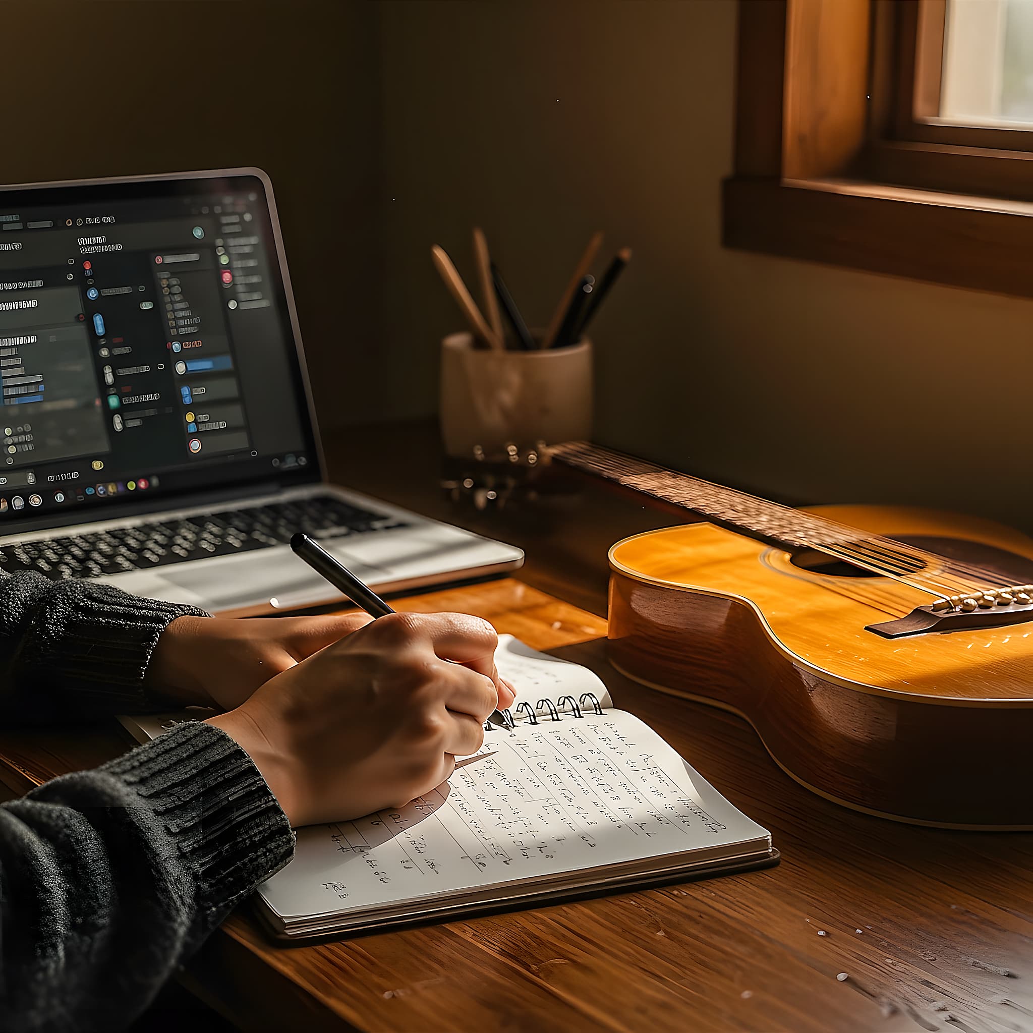 Songwriter's hands writing in a notebook with a guitar and a laptop showing AI writing software in a cozy, setting.