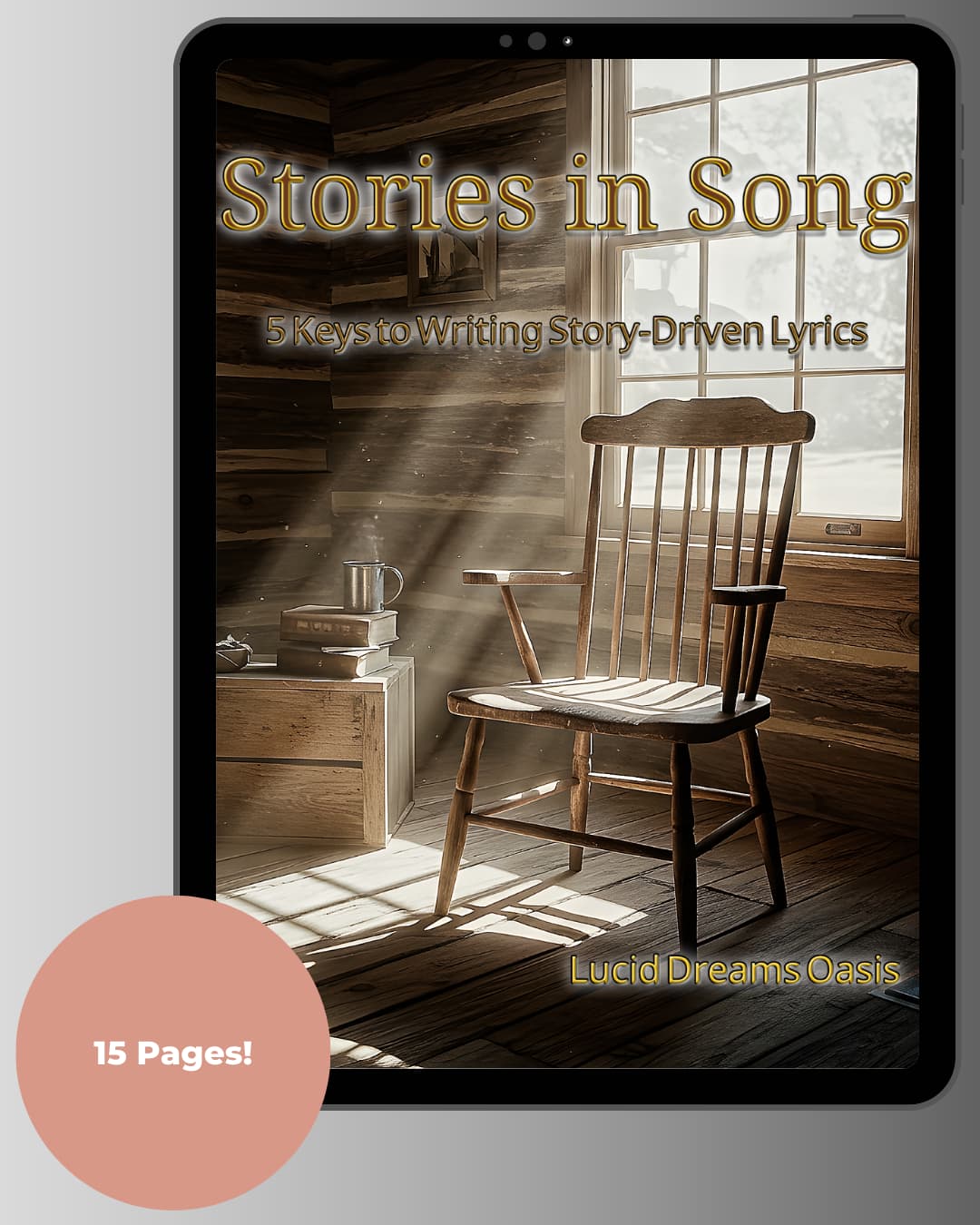 An empty wooden chair in a rustic cabin, bathed in soft, cool light with dust particles visible in the air.