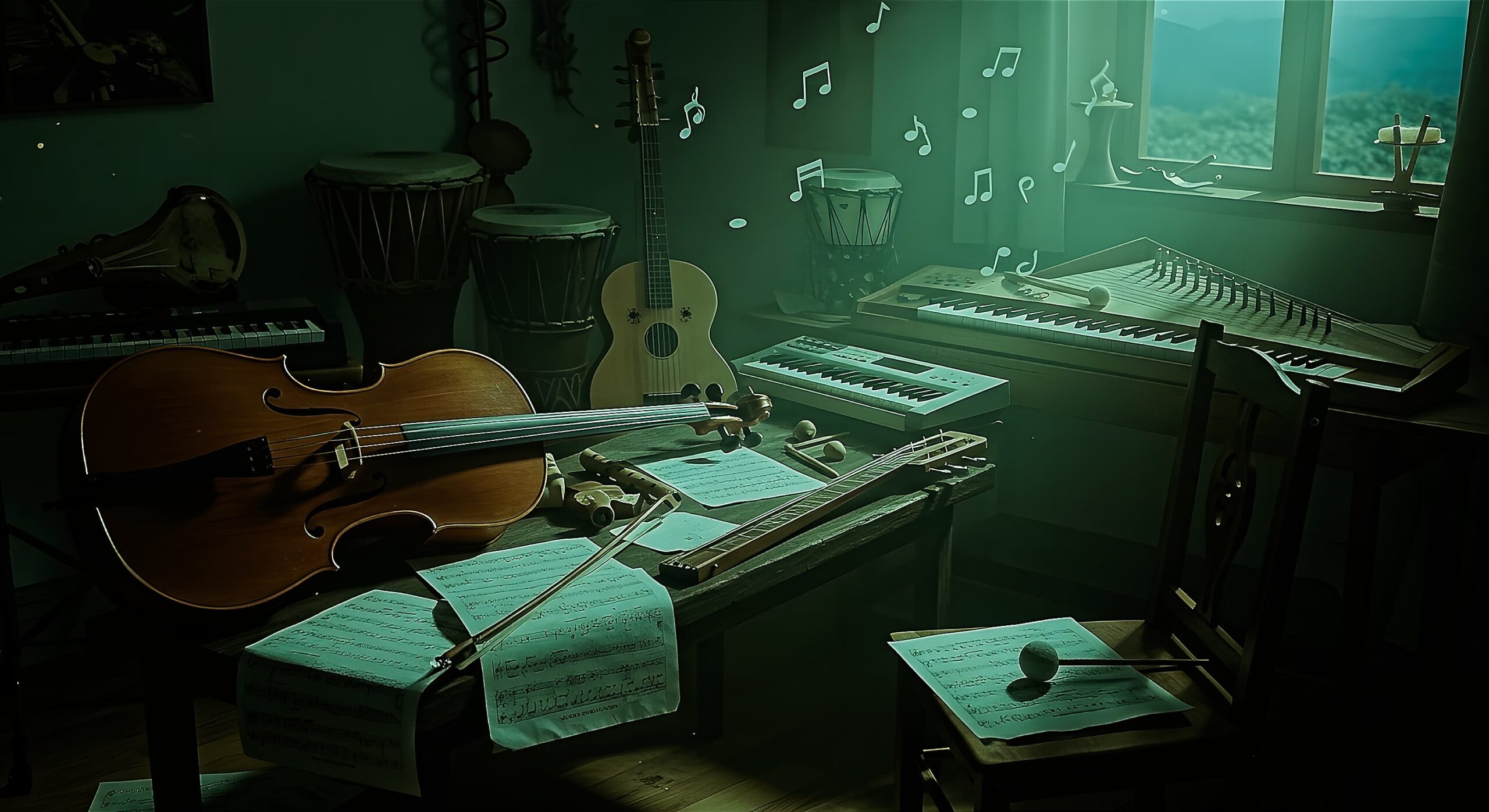 Music room with instruments and sheet music, symbolizing the creative roots of Taylor J. Fynch as a musician and storyteller.