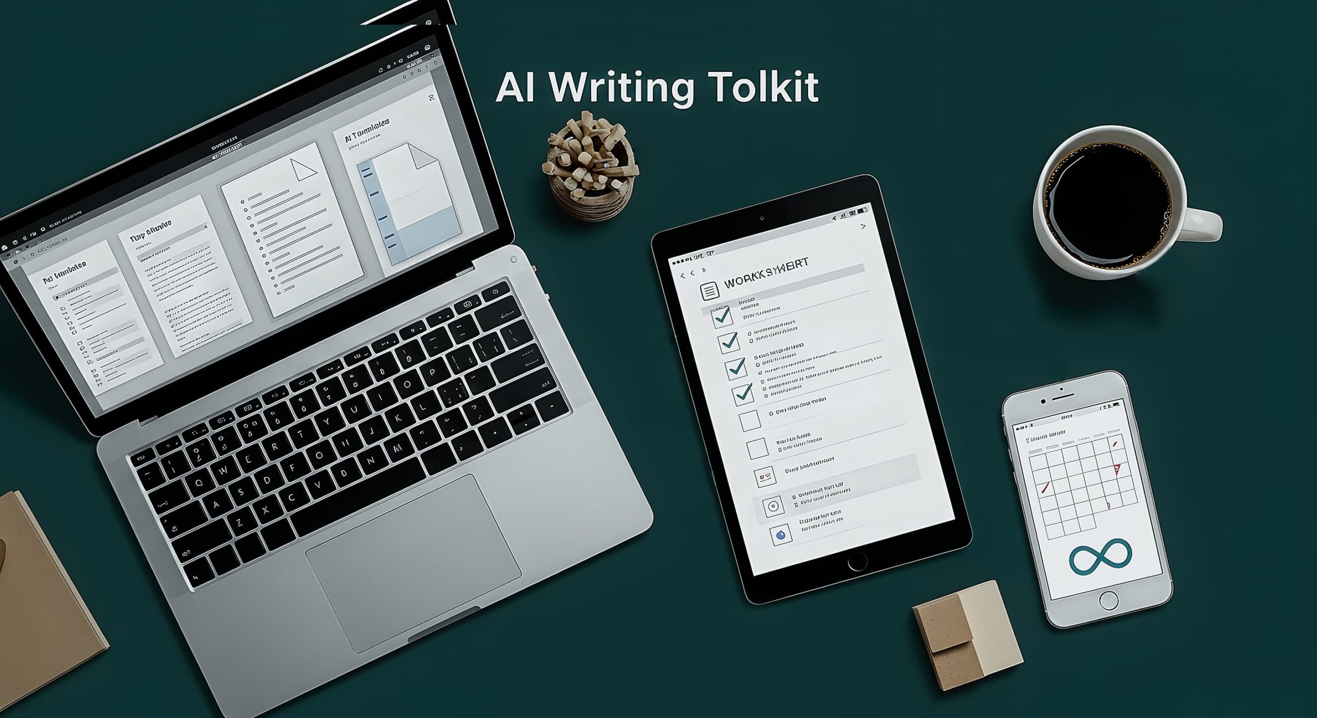 Flat-lay of an AI writing toolkit with a laptop showing a clean document, a tablet checklist, a phone planner, a coffee mug, and stationery, plus subtle overlays for templates, downloads, checkmarks, and lifetime access.