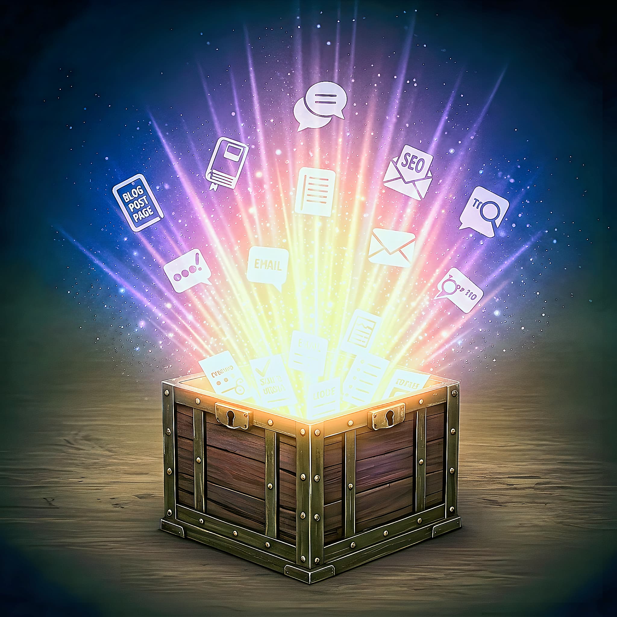 Open glowing vault overflowing with creative writing prompts, category icons for blog, fiction, social media, email, and SEO, symbolizing inspiration and endless ideas.