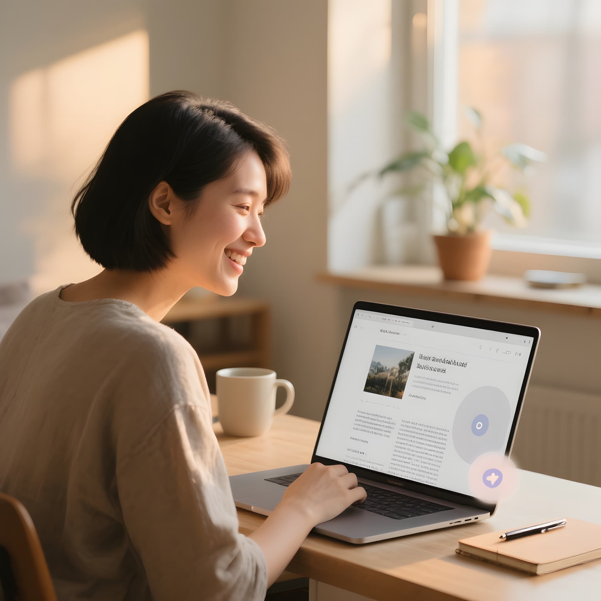A candid person smiling at their laptop with a finished blog post on screen and a subtle share icon overlay, conveying pride and readiness to publish.