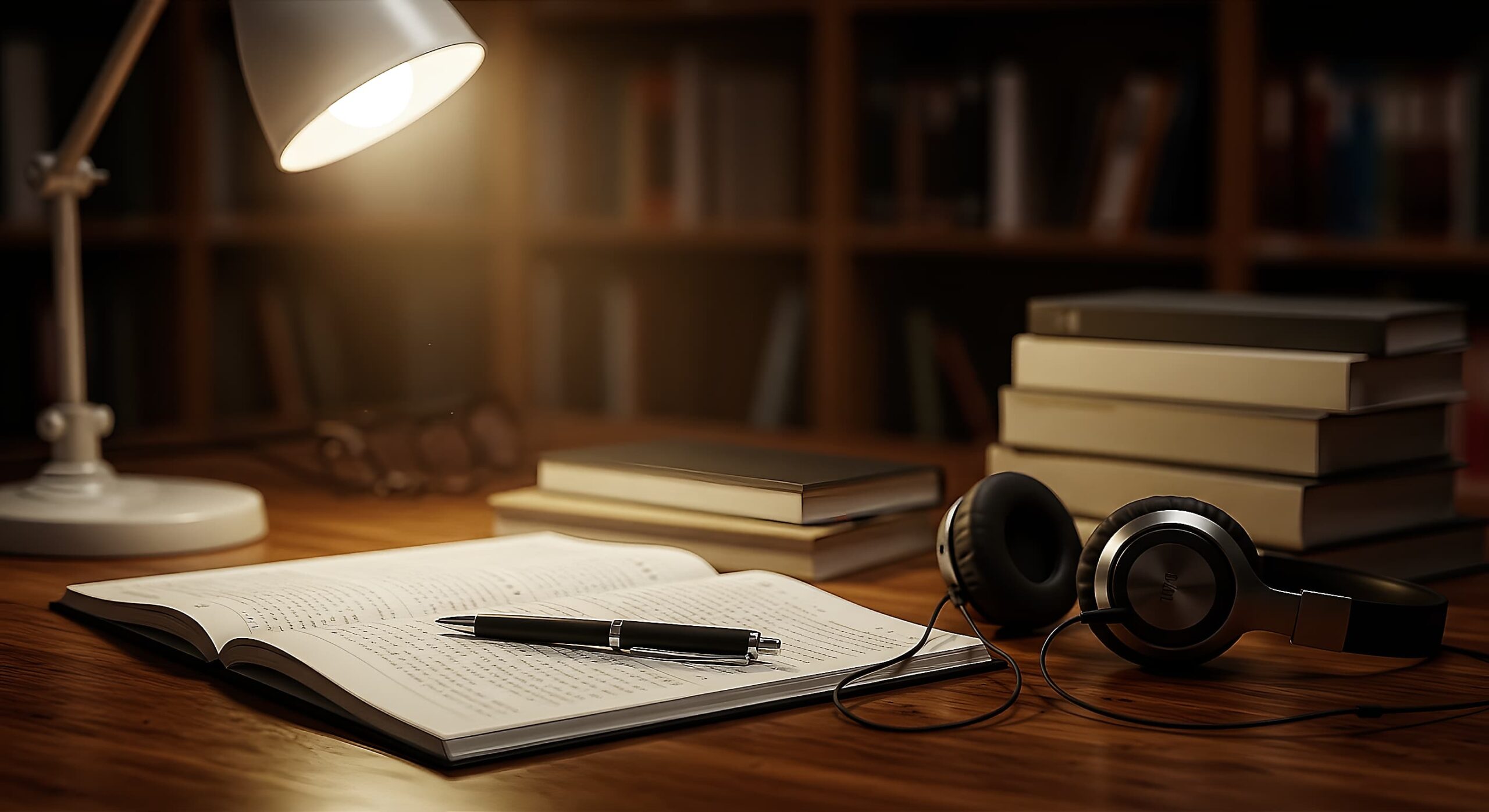 Notebook, headphones, and books in a cozy study — representing Taylor J. Fynch’s work as a teacher and independent publisher.