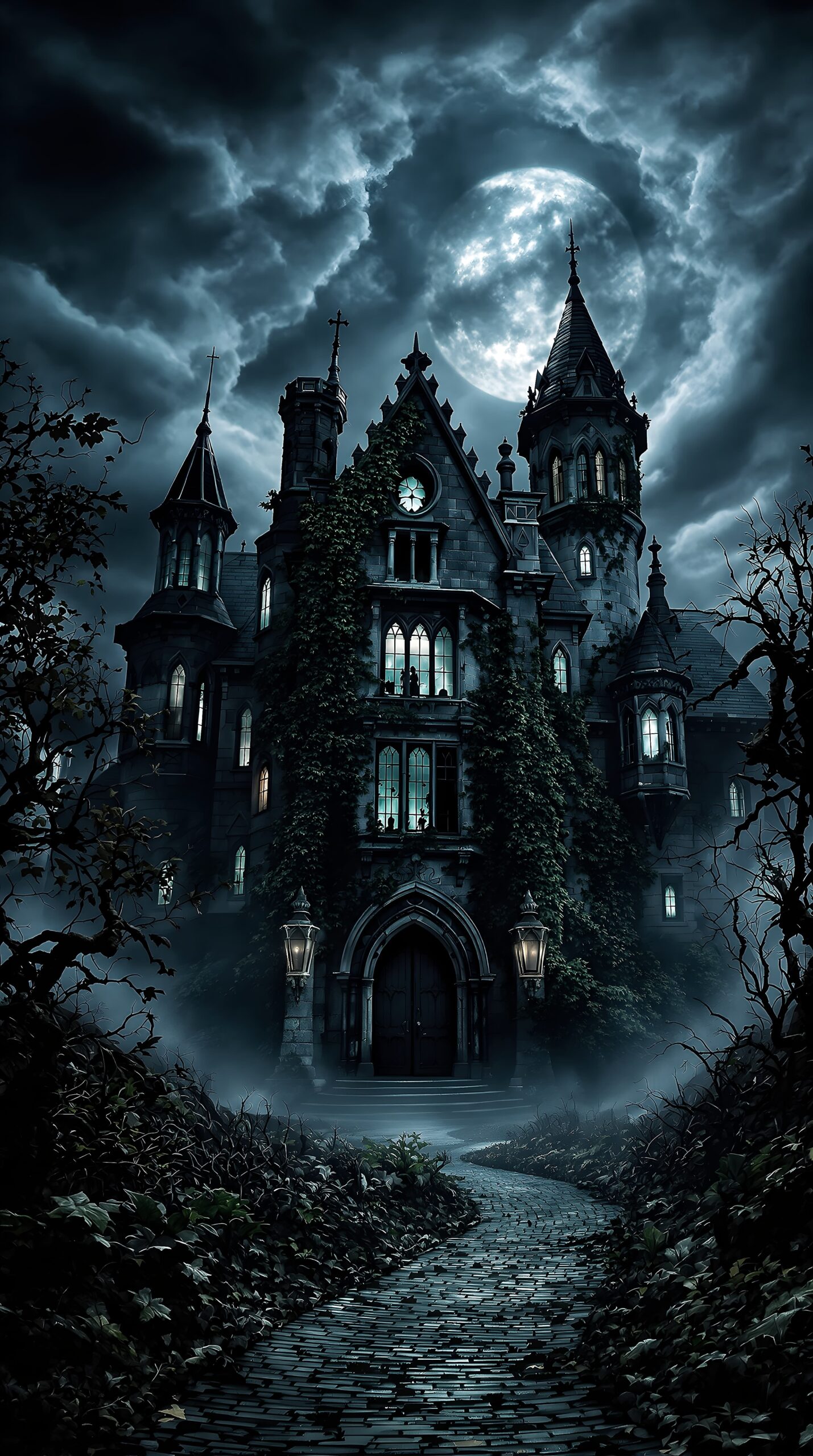 Haunted gothic manor under a full moon, with ivy-covered walls, glowing windows, and a misty path leading to its entrance.