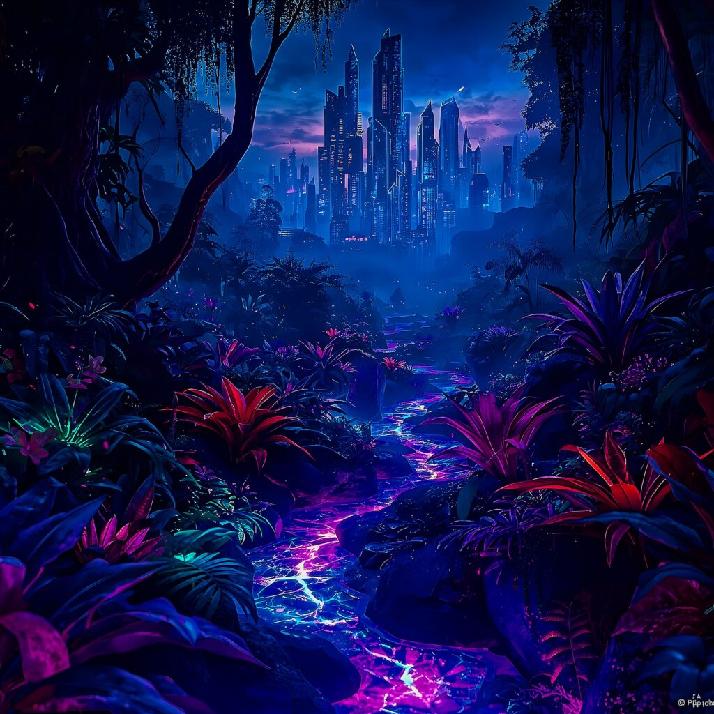 Vibrant neon jungle with glowing plants and a river of radiant light leading toward a futuristic city skyline at dusk.