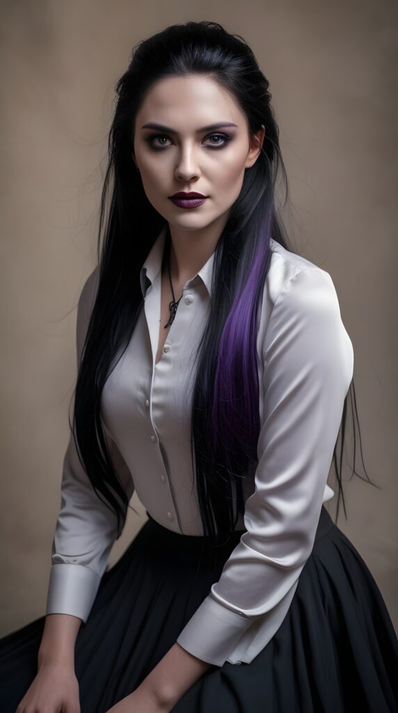 Taylor in a light blouse and black skirt, seated on a stool.