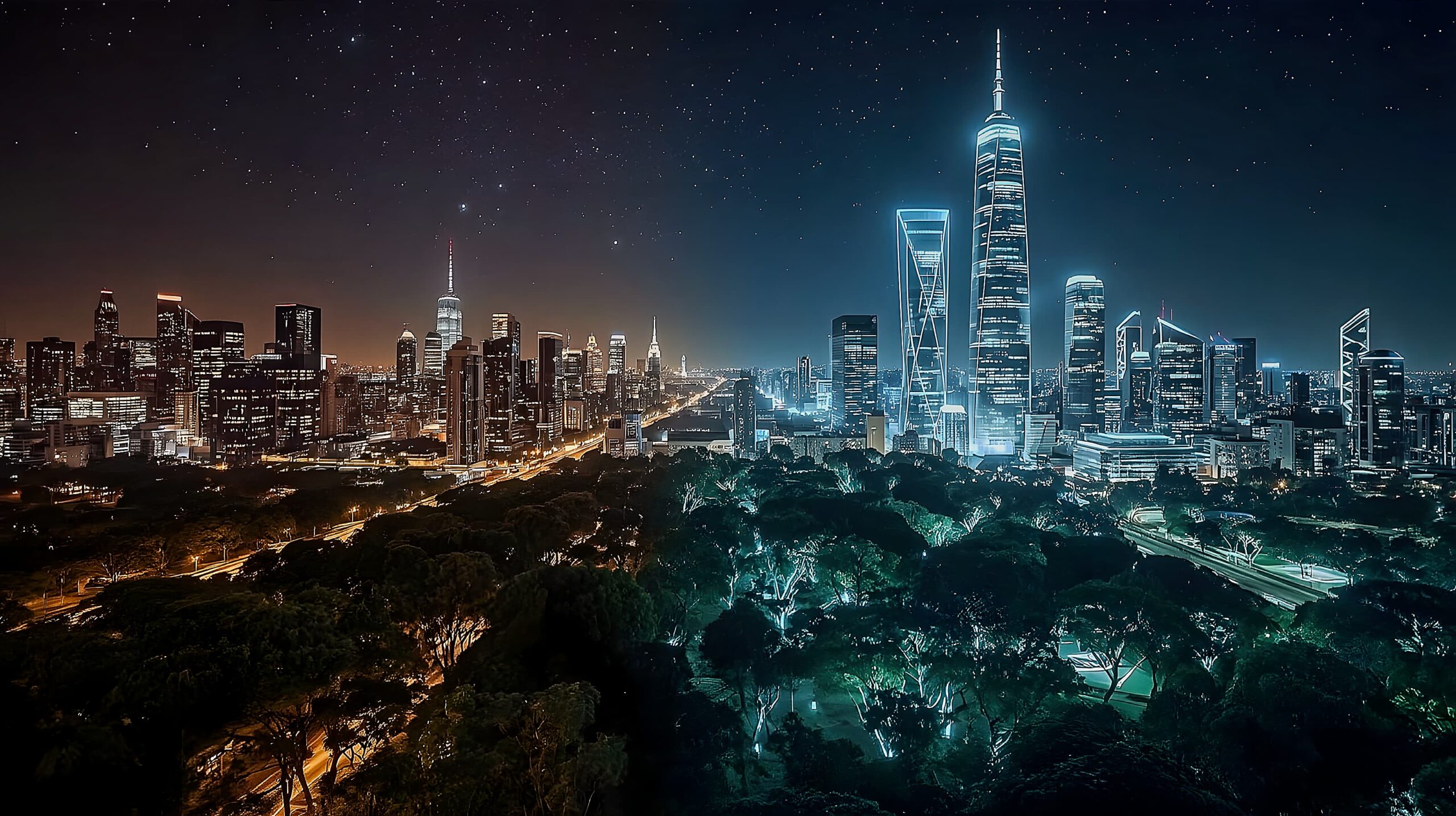 A panoramic cityscape blending two worlds: warm-lit modern skyscrapers on the left transition into futuristic neon towers and glowing trees on the right.