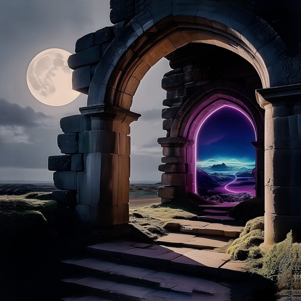 An open archway glowing with moonlight on one side and neon light on the other, symbolizing the threshold between worlds.
