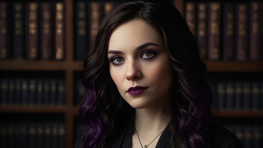 Taylor J. Fynch, novelist and lyricist, portrait in front of bookshelf. Author avatar with dark hair and purple highlights, Gothic yet professional style.