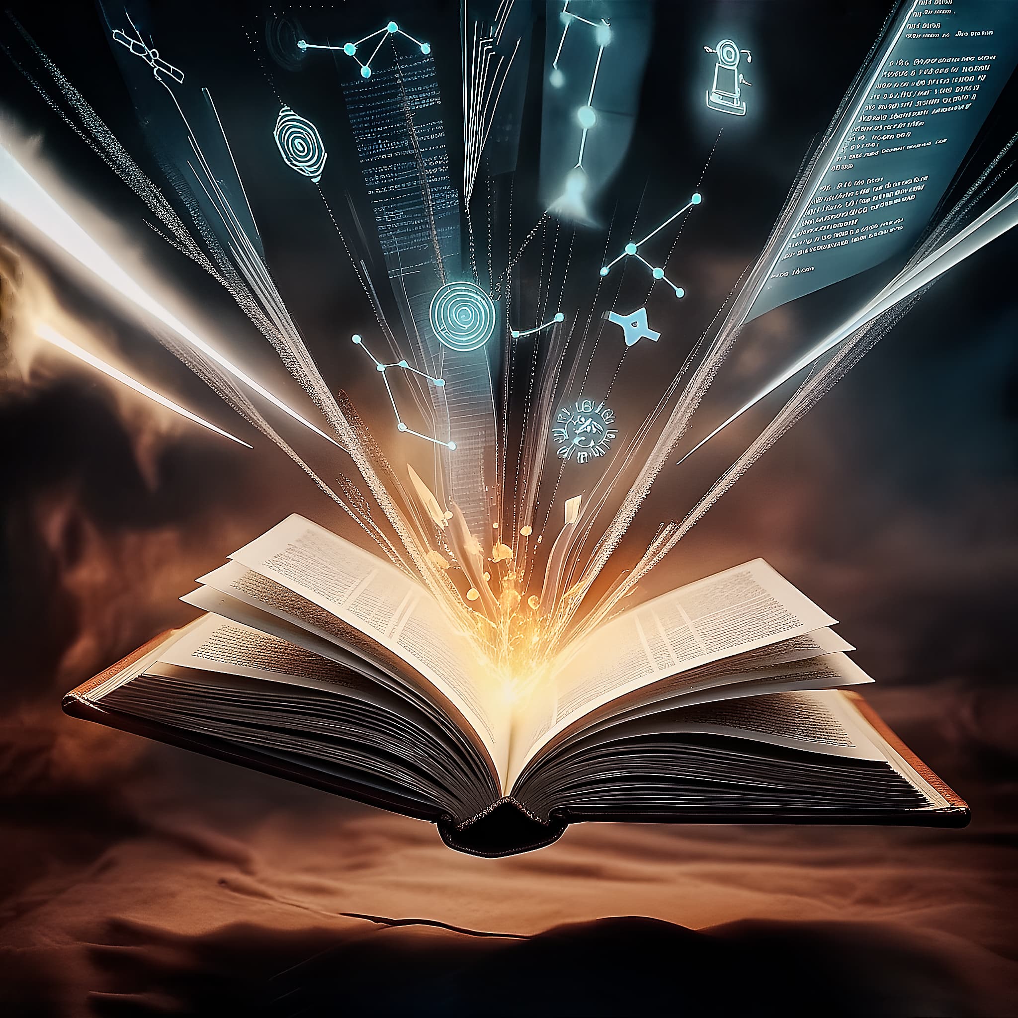 An open book floating in the air, emitting streams of light and holographic symbols, representing published works and imaginative ideas.
