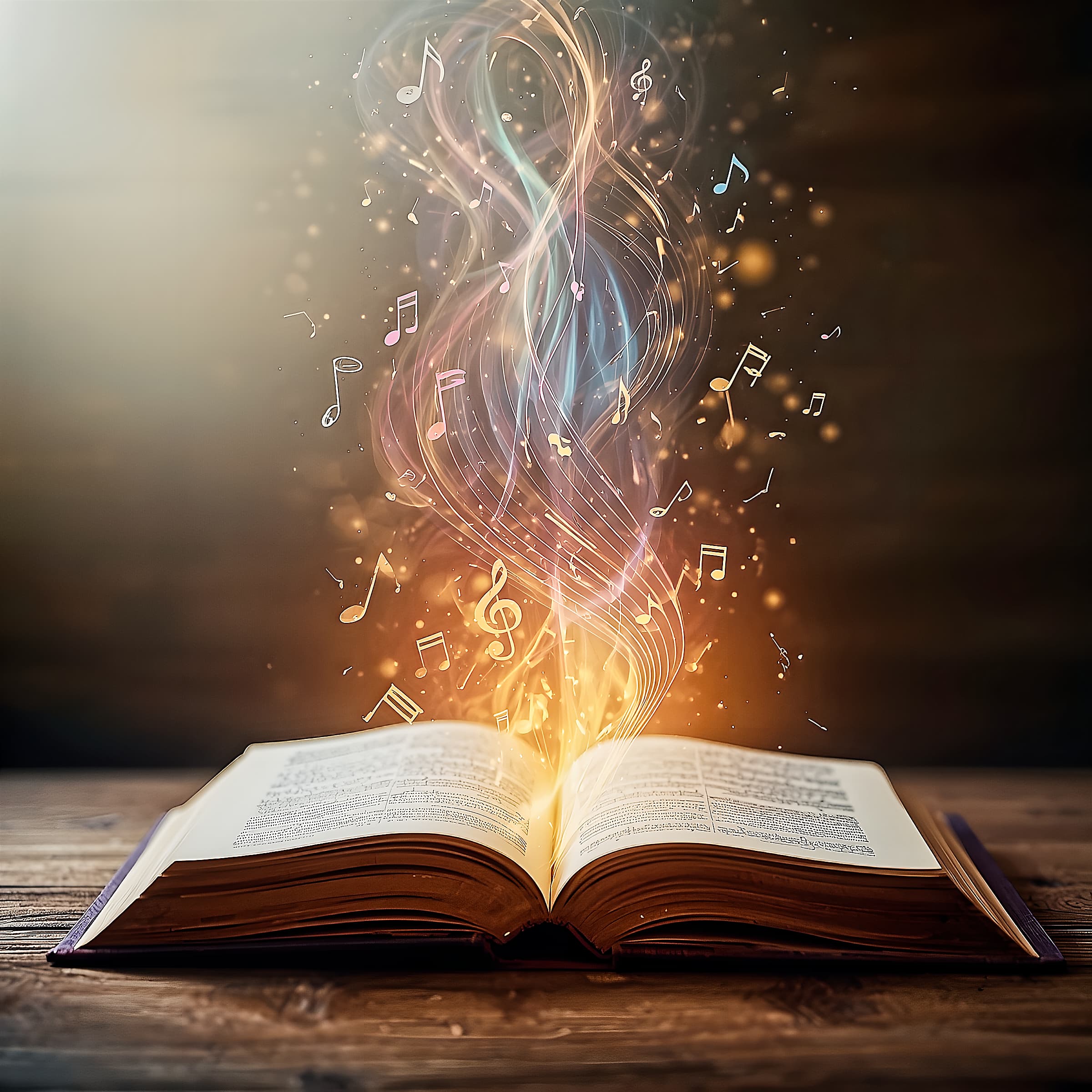 An open book with glowing streams of light transforming into floating musical notes, symbolizing stories turning into songs.
