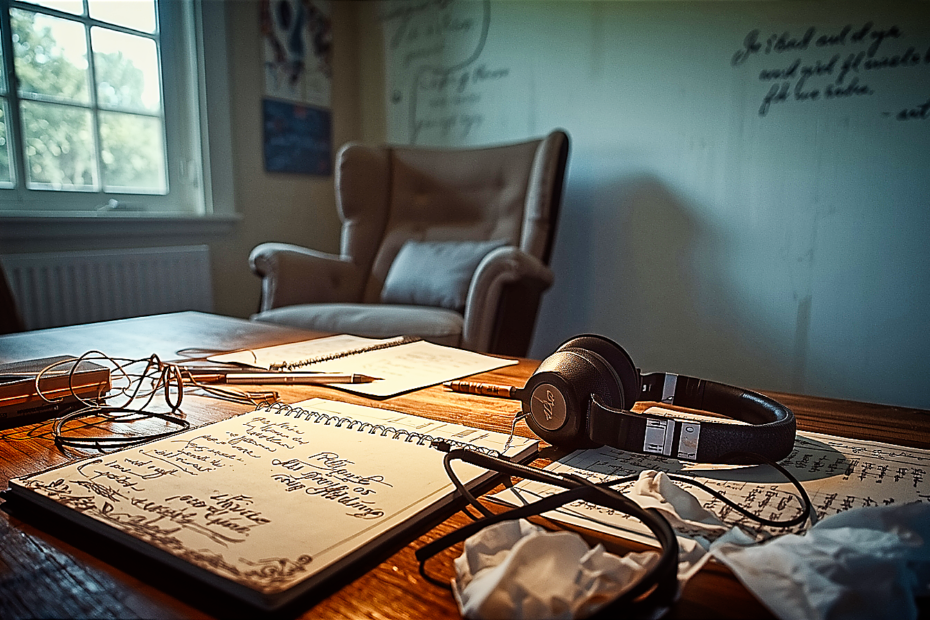 Softly lit creative workspace with sketchpad and desk