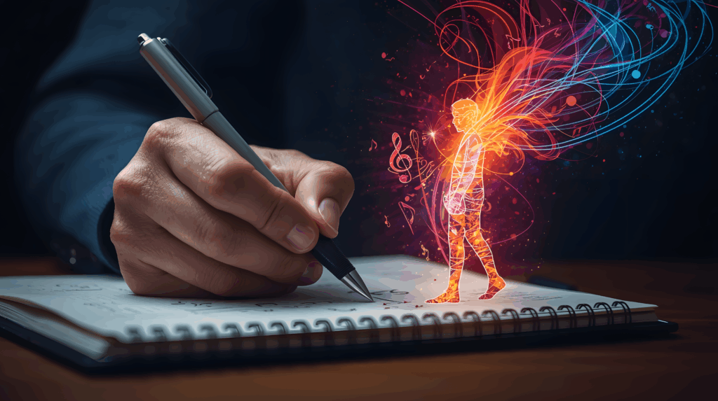 A person’s hand draws on a tablet, where a luminous spiritual being stands near the stylus tip, surrounded by music notes, symbolic icons, and radiant ribbons of light—evoking creativity, connection, and healing.